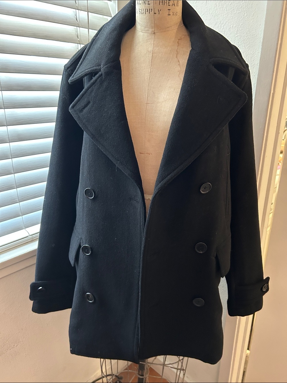Quince Black Double-Breasted Wool Pea Coat